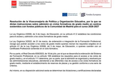Calendario de actuaciones de admisión a ciclos formativos de grado medio